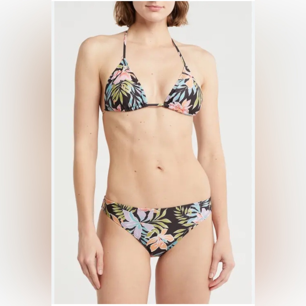 BILLABONG BEACH BABE TRI BIKINI SET BLACK FLORAL TOP & BOTTOM SIZE SMALL , NWT